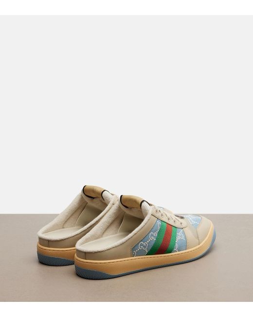 Gucci Blue Screener Faux Pearl-Embellished Mules