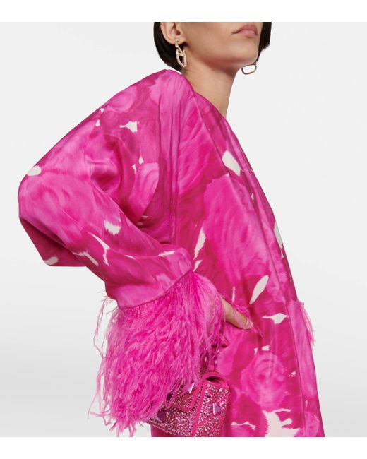 Valentino Pink Floral Feather-trimmed Silk Minidress