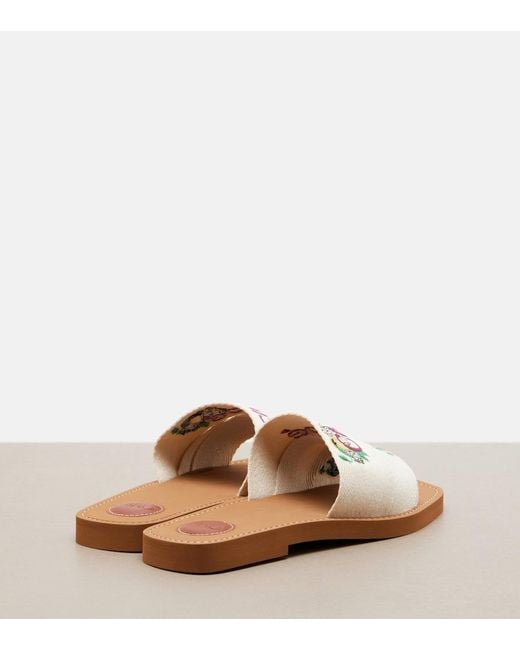 Chloé White Woody Embroidered Linen Slides