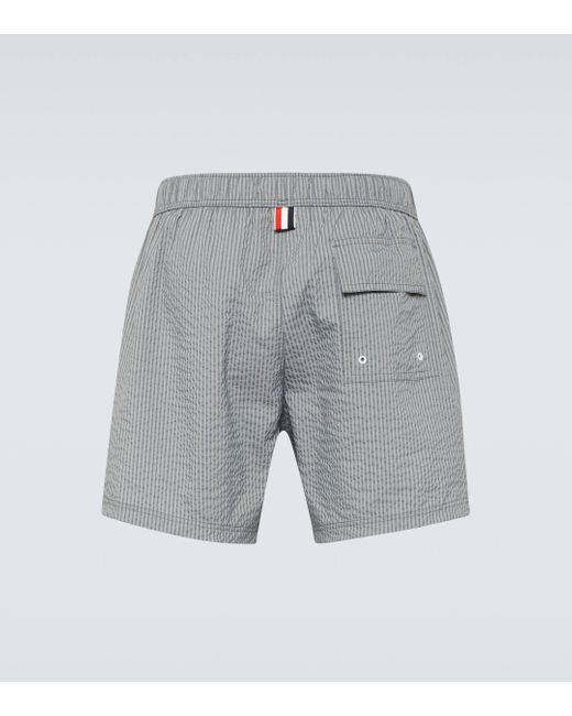 Thom Browne Gray Seersucker Swim Trunks for men