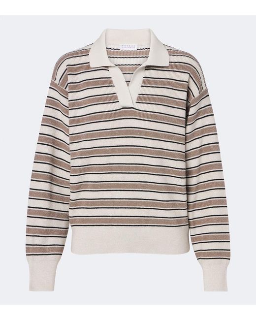 Brunello Cucinelli Gray Striped Cotton-Blend Polo Sweater