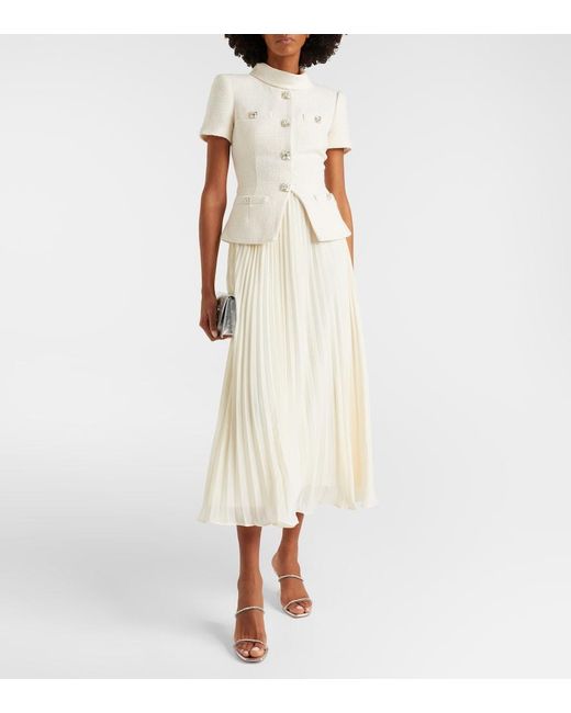 Self-Portrait White Pleated Boucle Chiffon Midi Dress