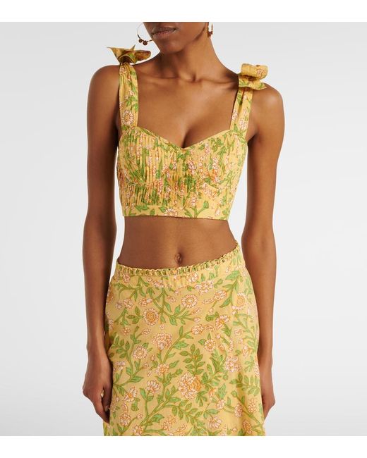Poupette Yellow Carla Pleated Floral Cotton Crop Top