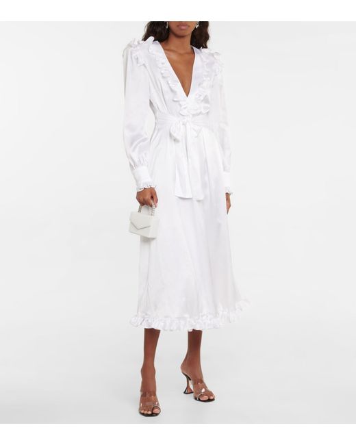 Alessandra Rich Bridal Ruffled Silk Satin Midi Dress in White | Lyst