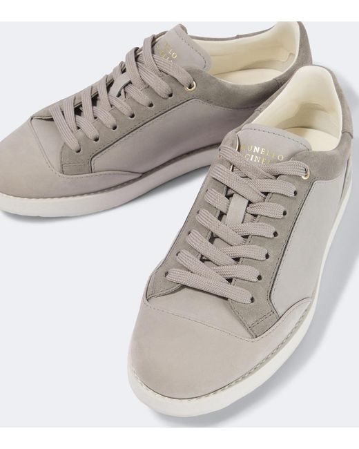 Brunello Cucinelli White Suede-Trimmed Leather Sneakers for men