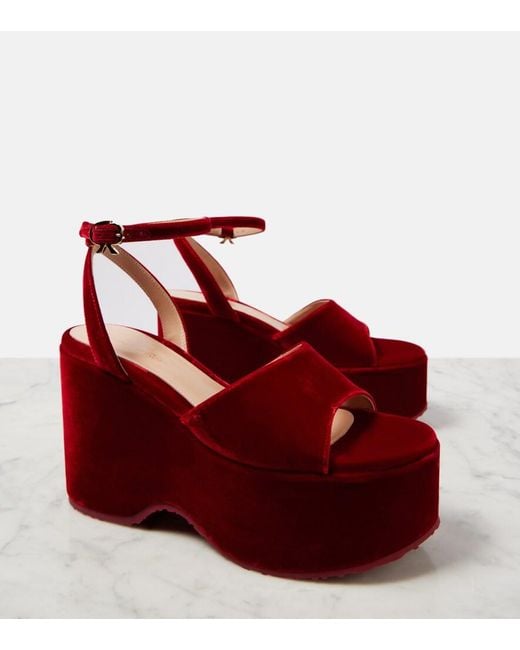 Gianvito Rossi Red Velvet Wedge Sandals