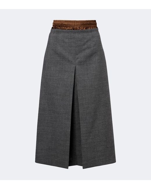 Prada Gray Layered Pleated Wool Midi Skirt