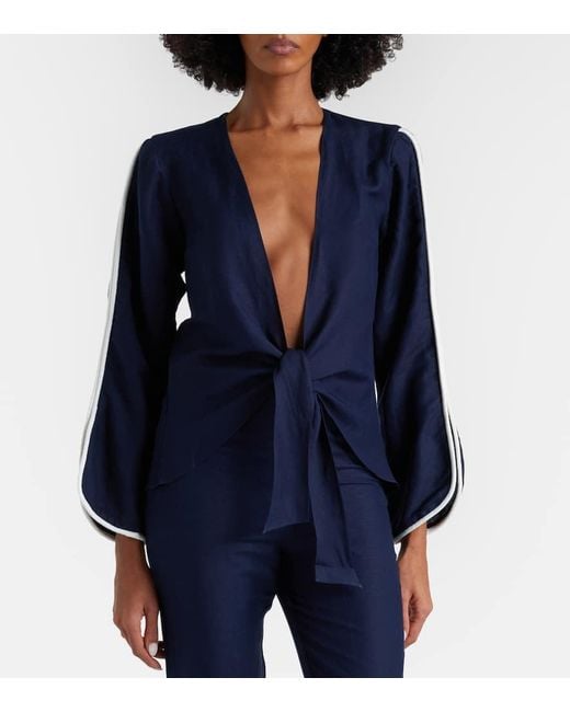 Adriana Degreas Blue Bicolor Linen-Blend Top