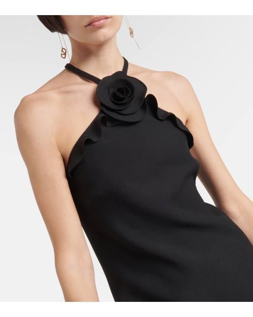 Valentino Black Floral-applique Wool And Silk Minidress