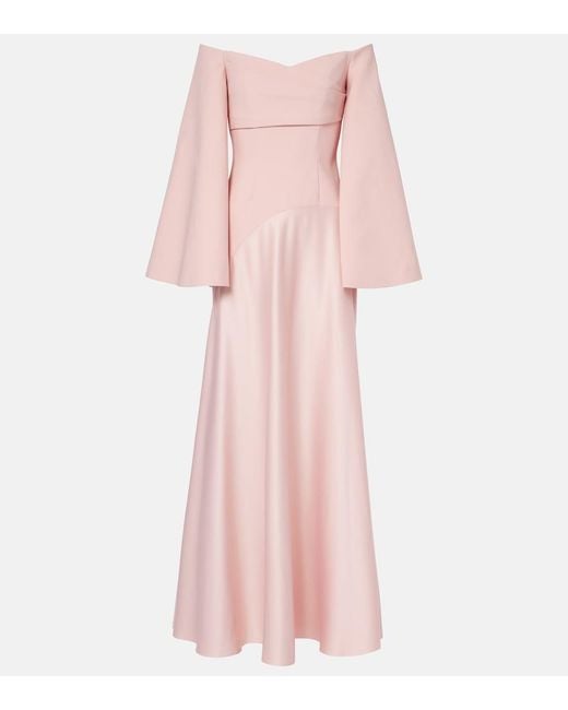 Solace London Pink Rina Off-Shoulder Crepe And Satin Gown