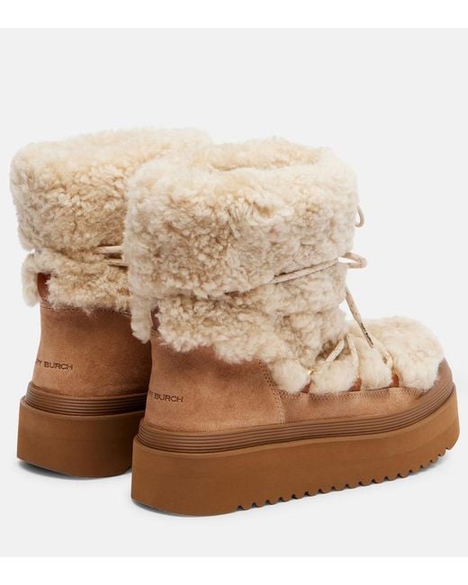 Tory Burch Natural Mellow Shearling And Suede Lace-Up Boots