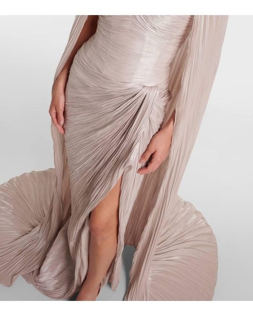 Marmar Halim Natural Caped Gathered Pleated Silk Gown