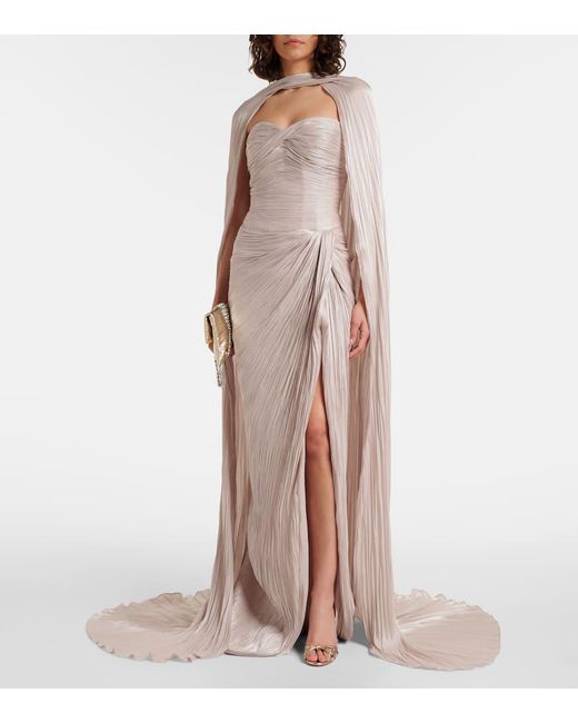 Marmar Halim Natural Caped Gathered Pleated Silk Gown