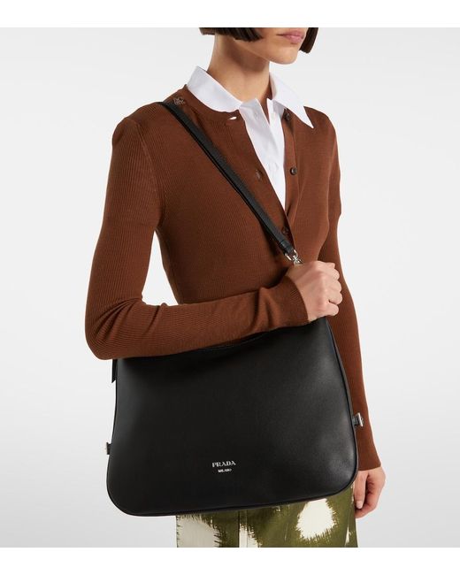 Prada Black Fold Large Leather Shoulder Bag