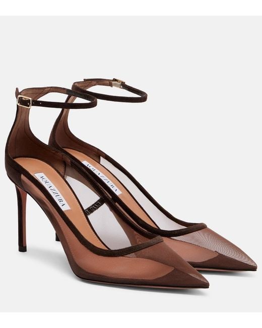 Aquazzura Brown Love Affair 85 Suede-Trimmed Mesh Pumps