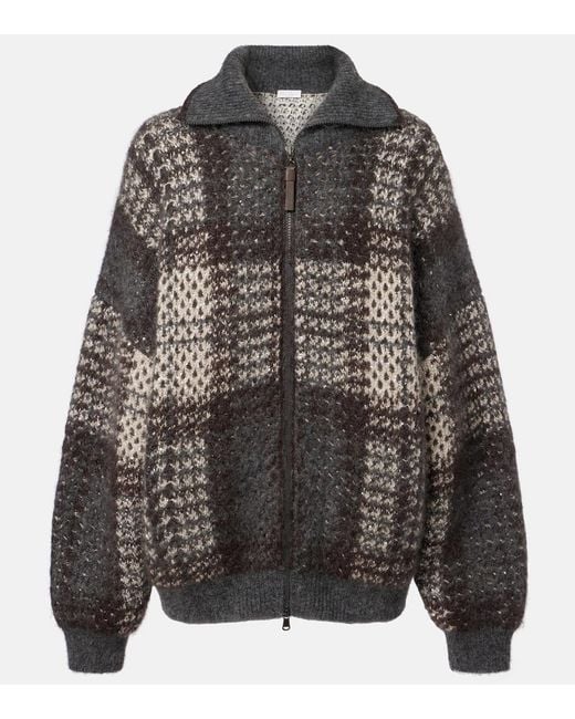 Brunello Cucinelli Gray Checked Sequined Cardigan