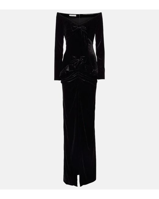 Alessandra Rich Black Bow-Detail Off-Shoulder Velvet Gown