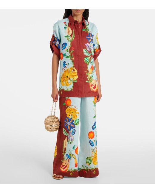 ALÉMAIS Blue Dahlia Floral Linen Wide-Leg Pants