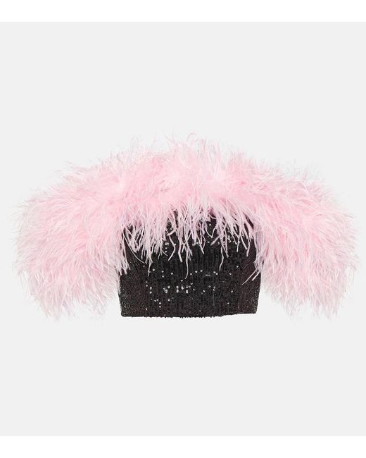 Self-Portrait Pink Feather-trimmed Sequined Crop Top