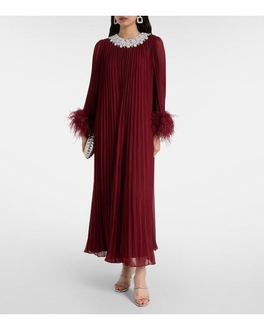 Self-Portrait Red Ostrich Feather-Trim Maxi Dress