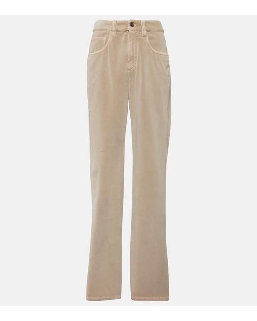 Pantalones Rectos De Terciopelo De Algodon De Tiro Medio Brunello Cucinelli de color Natural