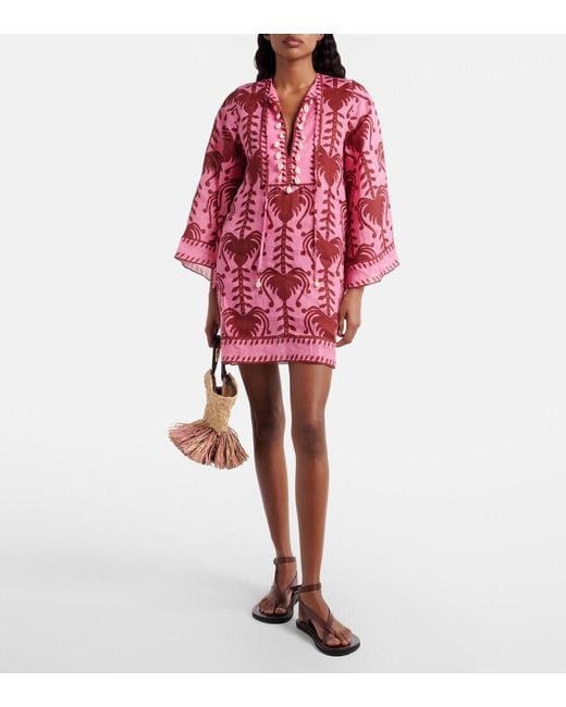Johanna Ortiz Red Wild Savannah Shell-Embellished Linen Mini Dress
