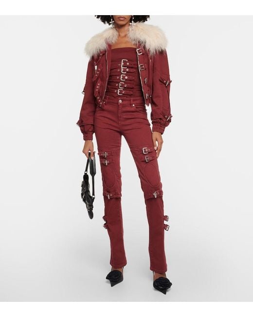 Blumarine Red Cropped Shearling-Trimmed Denim Jacket