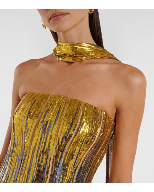 Elie Saab Multicolor Sequined Scarf-Detail Strapless Gown
