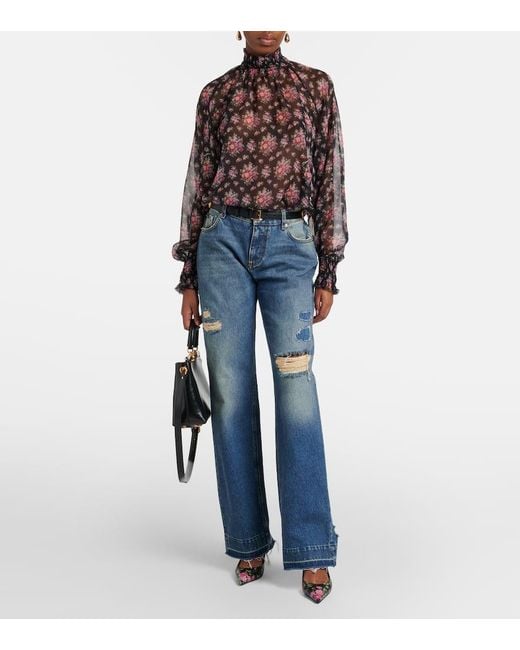 Dolce & Gabbana Purple Floral Ruffled Sheer Silk Blouse