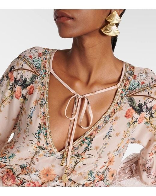 Vestido Corto De Crepe De Seda Floral Camilla de color Natural