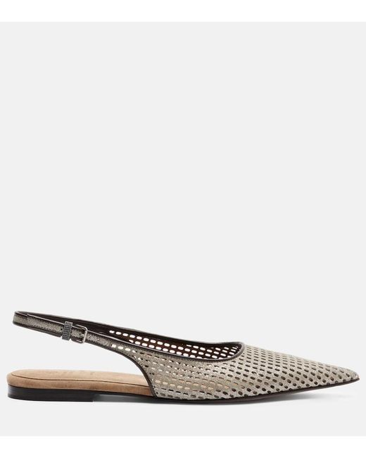 Brunello Cucinelli Brown Monili Leather Slingback Ballet Flats