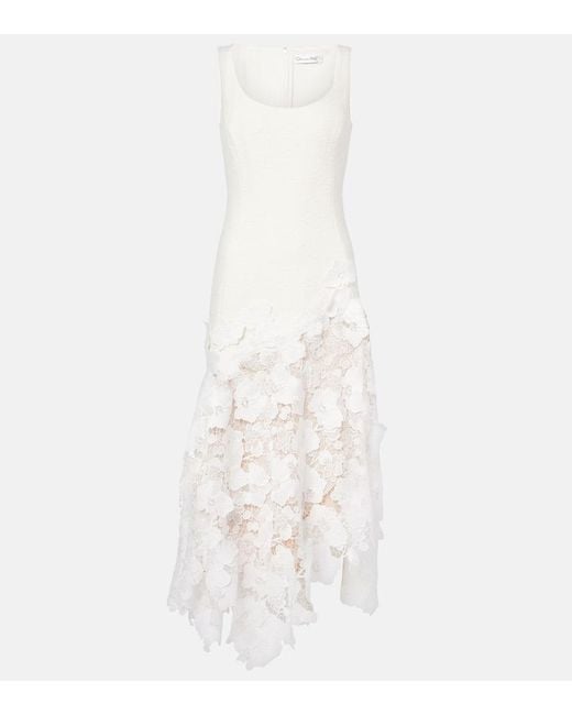 Oscar de la Renta White Tweed And Guipure Midi Dress