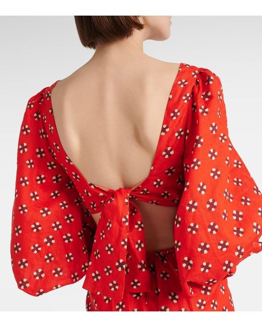 Johanna Ortiz Red Printed Linen Midi Dress