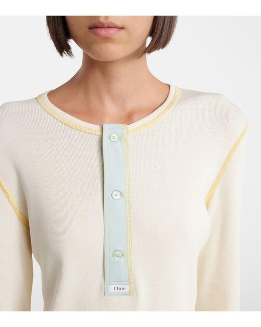 Chloé White Ribbed-Knit Cotton Jersey Henley Shirt