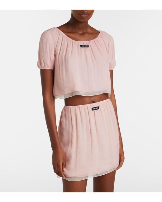 Miu Miu Pink Layered Silk Chiffon Crop Top