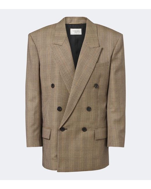 Saint Laurent Green Double-Breasted Prince Of Wales Wool Blazer