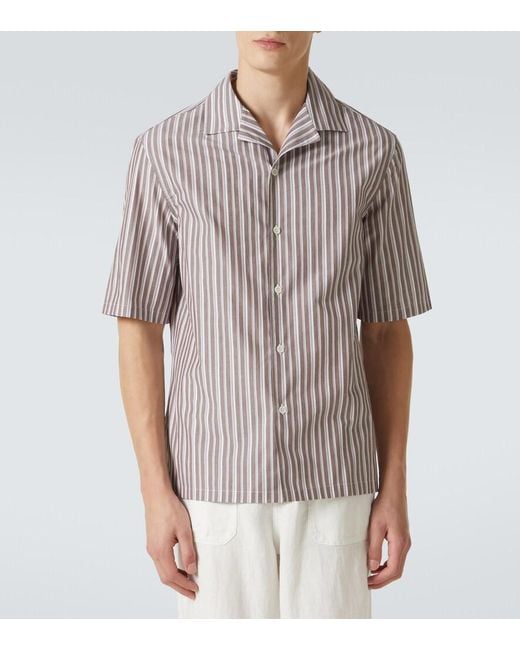 Brunello Cucinelli Brown Striped Cotton Bowling Shirt for men