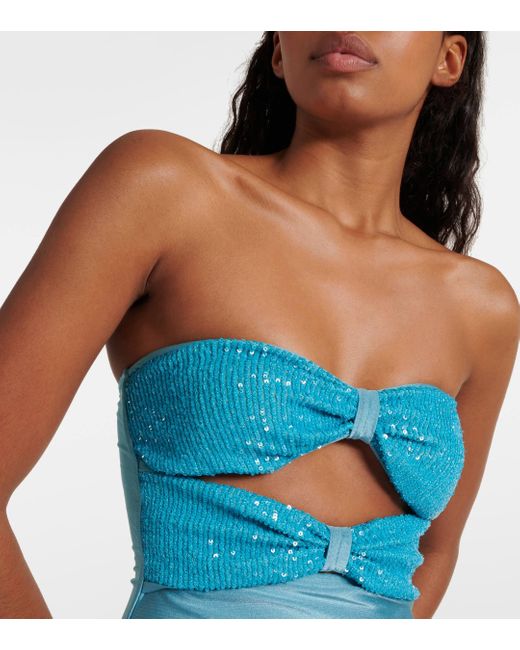 Adriana Degreas Blue Sequined Cutout Strapless Swimsuit