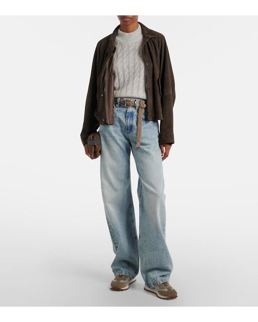 Brunello Cucinelli Gray Monili Suede-Trimmed Sneakers