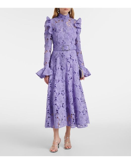 LEO LIN Purple Aliyah Floral Ruffled Lace Midi Dress