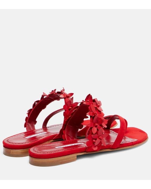 Manolo Blahnik Red Fiosa Floral-Applique Suede Sandals
