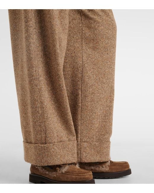 Brunello Cucinelli Brown Monili Wool-Blend Flannel Wide-Leg Pants