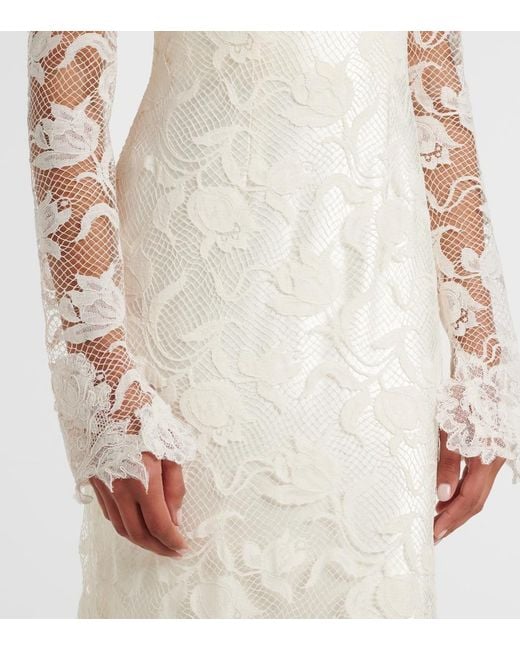 Danielle Frankel White Bridal Adena Floral Lace-Trimmed Wool And Silk Gown