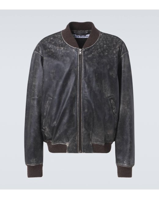 Acne Gray Distressed Leather Bomber Jacket for men