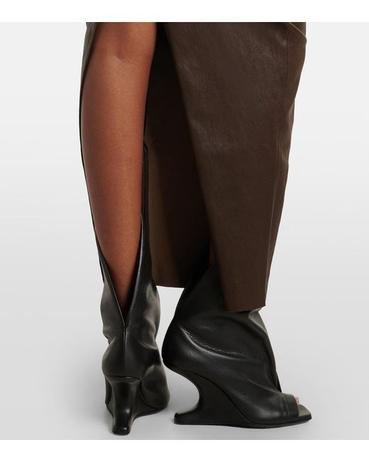 Rick Owens Brown Dirt Pillar Leather And Cotton Midi Skirt