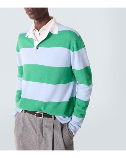 Allude Green Striped Wool And Cashmere Polo Sweater for men