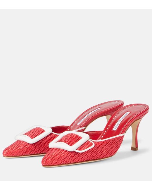 Manolo Blahnik Red Maysale 70 Leather-Trimmed Raffia Mules