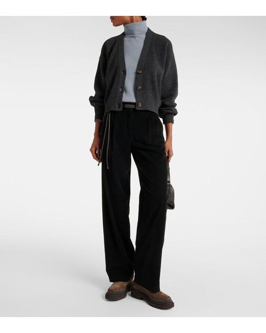 Brunello Cucinelli Black Cotton-Blend Velvet Straight Pants