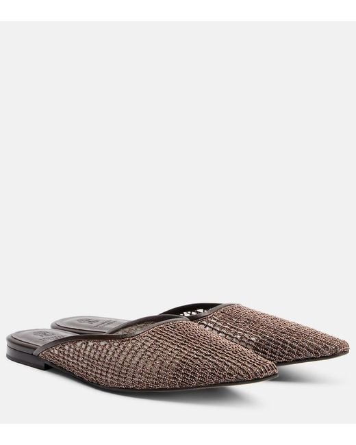 Brunello Cucinelli Brown Monili Leather-Trimmed Mules