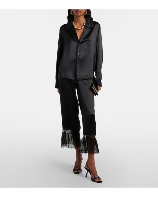 Saint Laurent Black Lace-Trimmed Silk Satin Wide-Leg Pants